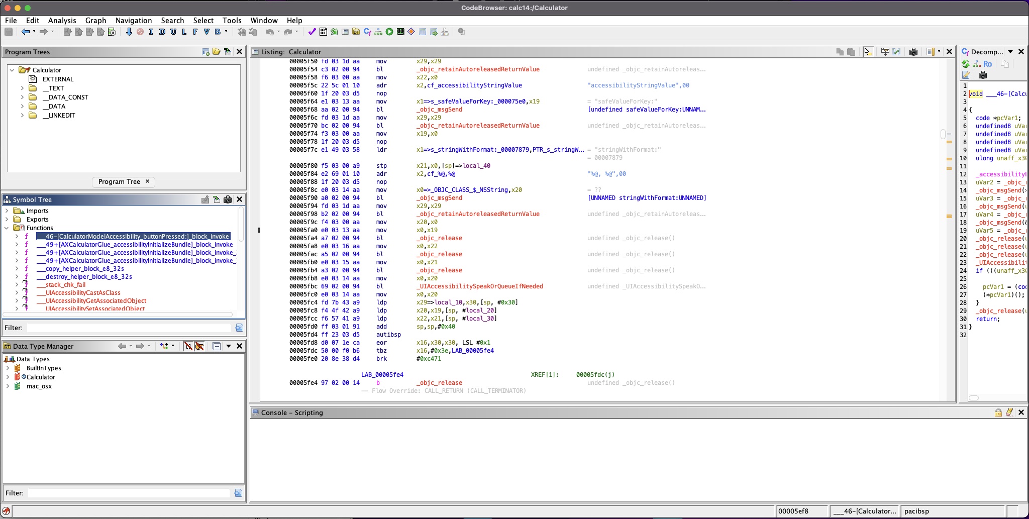 Calculator Binary Disassembled in Ghidra
